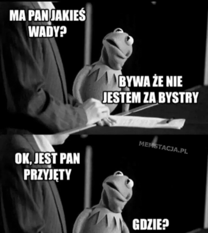 mem - Ma pan jakieś wady? Bywa, że nie jestem za bystry. Ok, jest pan przyjęty. Gdzie?